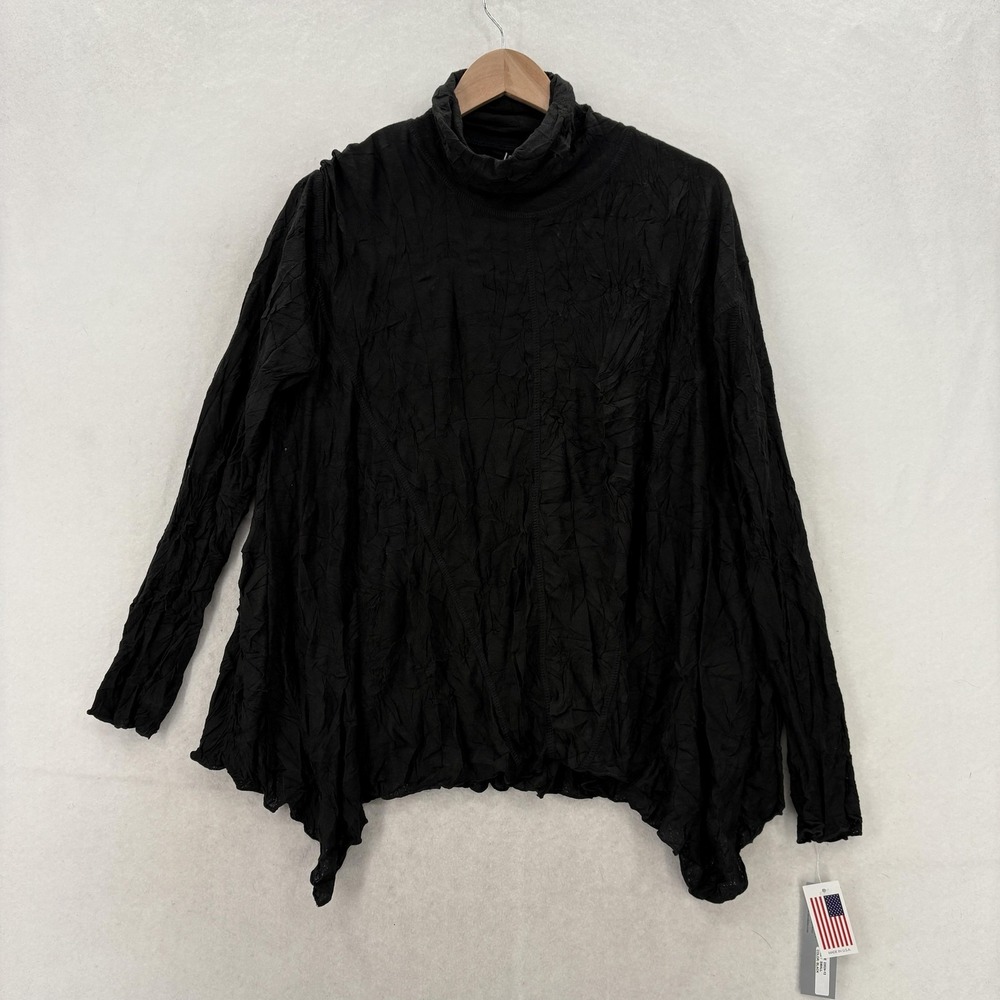 Vintage Sno Skins Blouse Womens Small Black Crinkle Turtleneck Long Sleeve Tunic